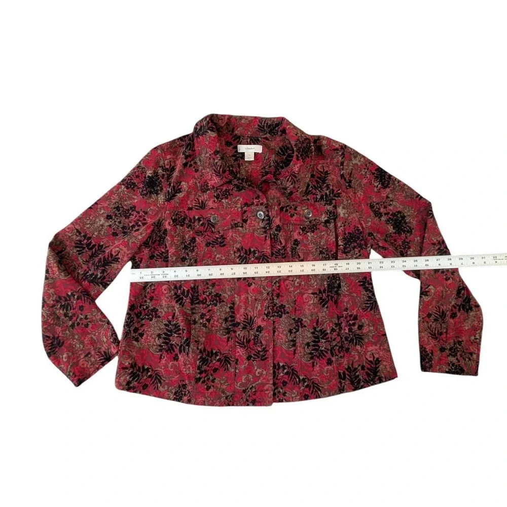 CJ Banks Womens 1X Red Black Floral Paisley Button Up Jacket Stretch Cottagecore